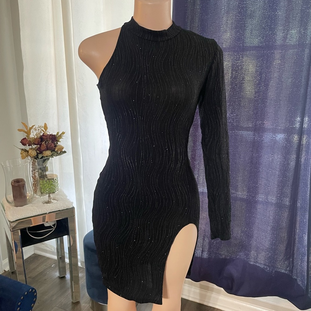 Good time USA Elegant Black One-Shoulder Glitter Dress Mini body con Medium